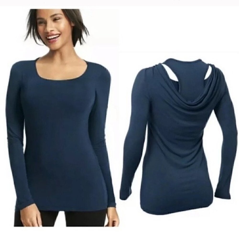 CAbi #585 Top XS Fall Back Drape Long Sleeve Tee Activewear Athleisure Blue